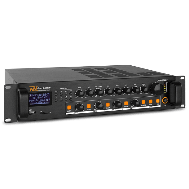 Amplificador Linha 100V 120W RMS c/ 4 Zonas MP3/USB/SD/FM/BLUETOOTH (PDV120MP3) - Power Dynamics 1