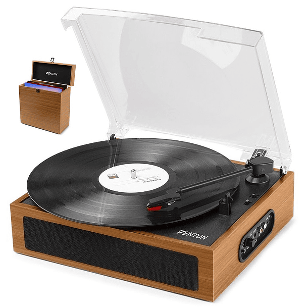 Gira Discos Bluetooth 33/45/78 RPM + Caixa de Armazenamento de Discos Vinil (Madeira Clara) - FENTON 1