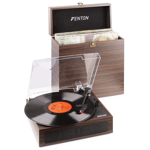Gira Discos Bluetooth 33/45/78 RPM + Caixa Armazenamento de Discos Vinil (Madeira Escura) - FENTON 1