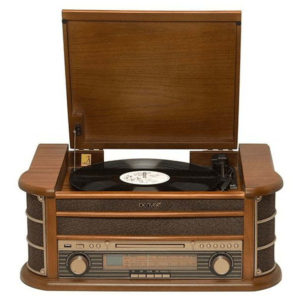 Gira-Discos Retro Madeira 33/45/78RPM AM/FM/CD/USB/MP3 c/ Colunas 2x 2,5W (MCR-50MK3) - DENVER 1