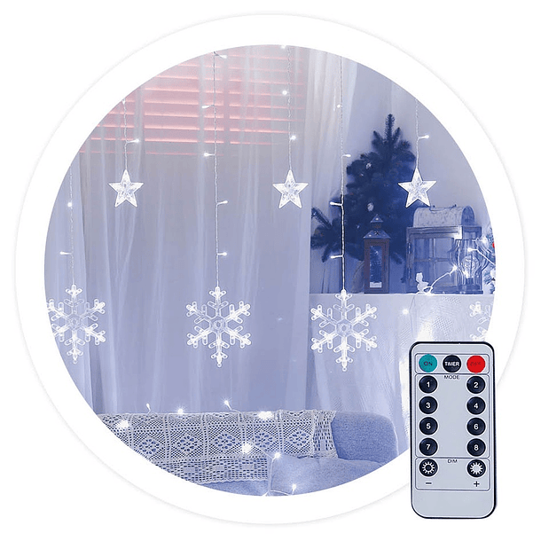 Cortina 138 LEDs (Decoração Natal) Branco Frio 6000K c/ Estrelas e Flocos de Neve (3,5 mts) - GSC 1
