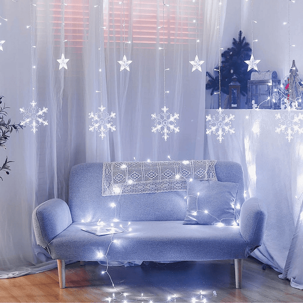 Cortina 138 LEDs (Decoração Natal) Branco Frio 6000K c/ Estrelas e Flocos de Neve (3,5 mts) - GSC 2