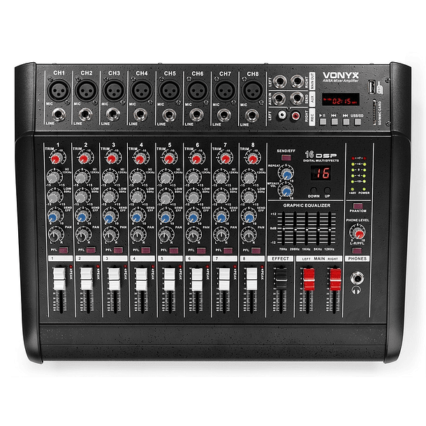 Mesa de Mistura Amplificada 2x 500W 8 Canais c/ DSP/BT/SD/USB/MP3 (AM8A) - VONYX 1