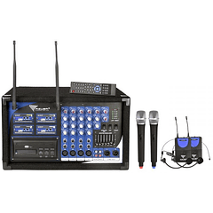 Central 4 Microfones s/ Fios UHF (2 Cabeça + 2 Mão) 2x 200W c/ Leitor DVD/CD/USB (PA-180) - AZUSA