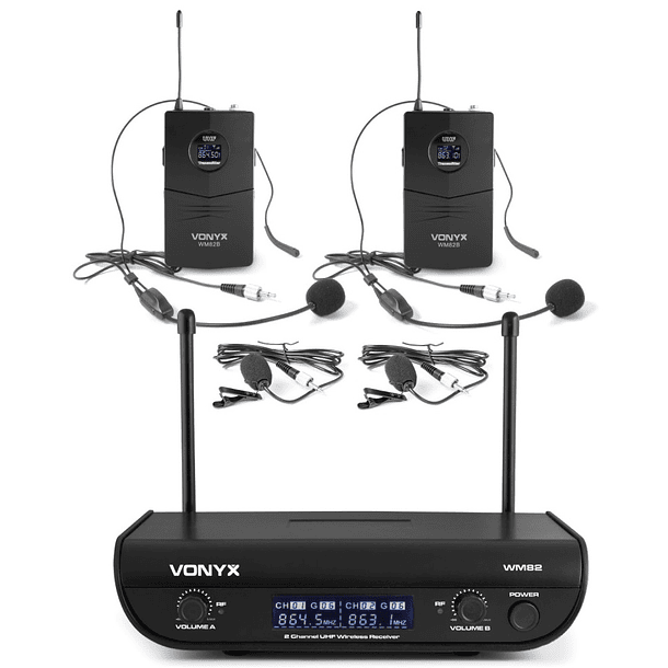 Central 2 Microfones Cabeça/Lapela UHF 2 Canais s/ Fios (WM82B) - VONYX 1