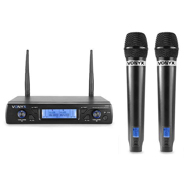 Central 2 Microfones Mão UHF 16 Canais s/ Fios (WM62) - VONYX 1