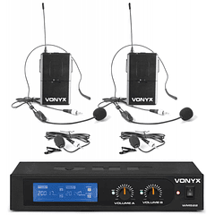 Central 2 Microfones Cabeça/Lapela VHF 2 Canais s/ Fios (WM522B) - VONYX