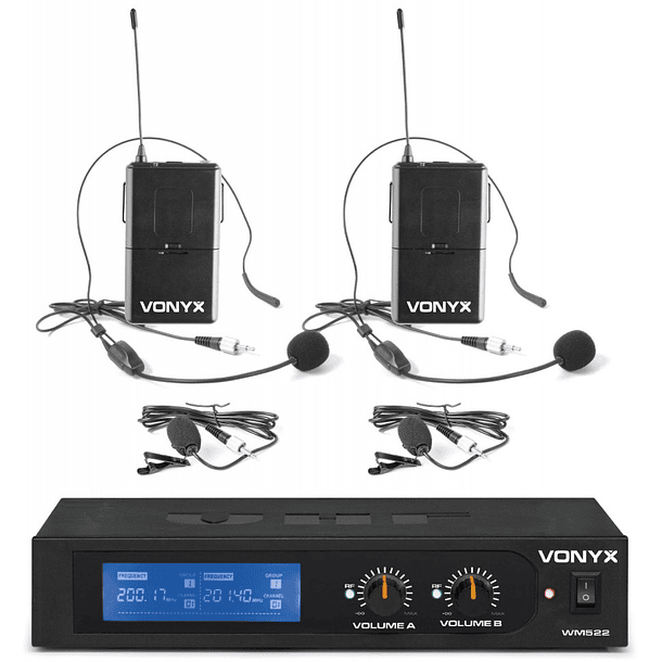 Central 2 Microfones Cabeça/Lapela VHF 2 Canais s/ Fios (WM522B) - VONYX 1