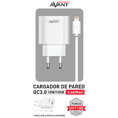 Carregador Energia AV1138 USB 15W QC3.0 + Cabo Lightning - AVANTCONNECT
