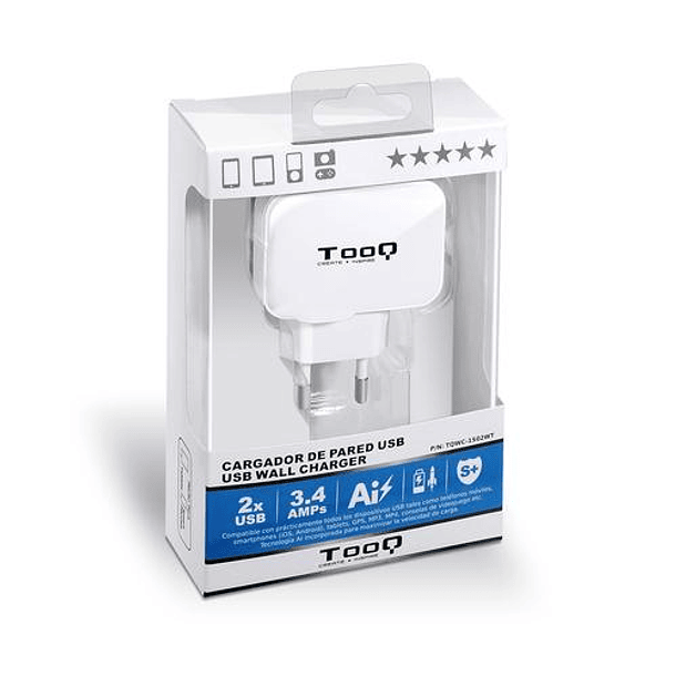 Carregador de Dispositivos Móveis 2x USB 5V 3,4A (Branco) - TooQ 1
