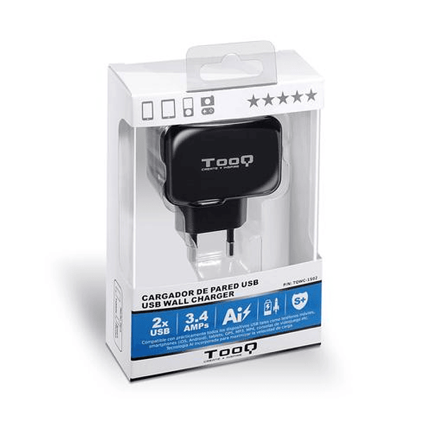 Carregador de Dispositivos Móveis 2x USB 5V 3,4A (Preto) - TooQ 1