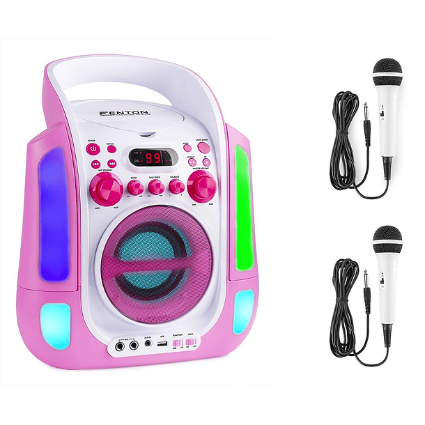 Coluna Karaoke Bluetooth + USB + Leitor CD + 2 Microfones c/ Efeitos de LED´s (Rosa) - FENTON SBS30P 1