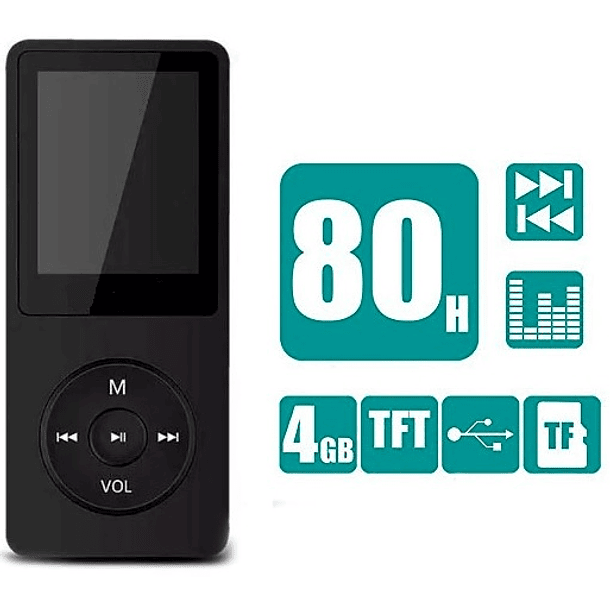 Leitor MP3 LCD 4GB c/ Rádio FM, microSD + Auscultadores (Preto) 1
