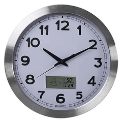 Relógio Parede Analógico Alumínio (Ø 35cm) c/ Display LCD Termómetro, Higrómetro e Previsão do Tempo
