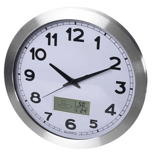 Relógio Parede Analógico Alumínio (Ø 35cm) c/ Display LCD Termómetro, Higrómetro e Previsão do Tempo 2