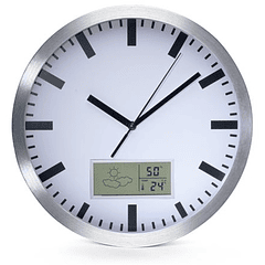 Relógio Parede Analógico Alumínio (Ø 25cm) c/ Display LCD Termómetro, Higrómetro e Previsão do Tempo