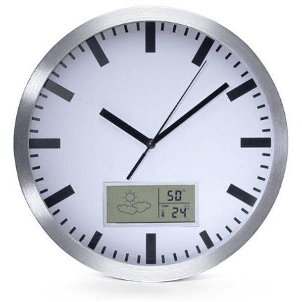 Relógio Parede Analógico Alumínio (Ø 25cm) c/ Display LCD Termómetro, Higrómetro e Previsão do Tempo 1