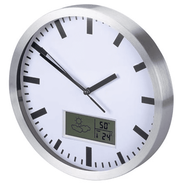 Relógio Parede Analógico Alumínio (Ø 25cm) c/ Display LCD Termómetro, Higrómetro e Previsão do Tempo 2