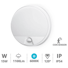 Candeeiro Interior/Exterior Redondo LED 15W 6000K 1100Lm c/ Sensor Movimento PIR (IP54) - GSC