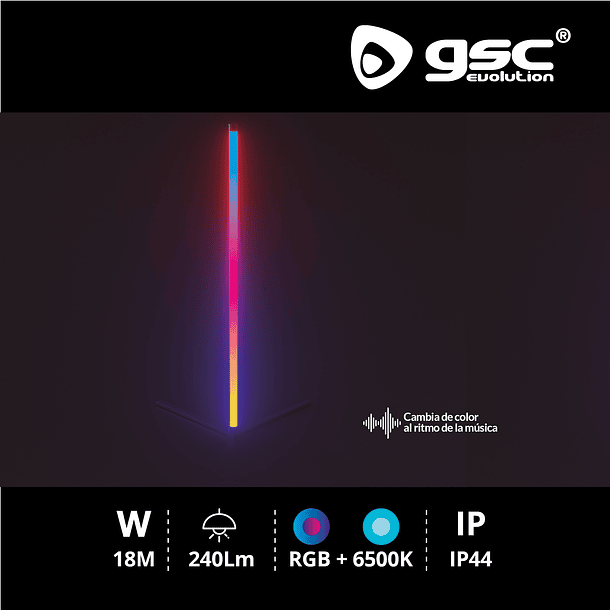 Candeeiro de Pé LED 18W RGB + 6500K c/ Comando e Sensor de Som - GSC 2