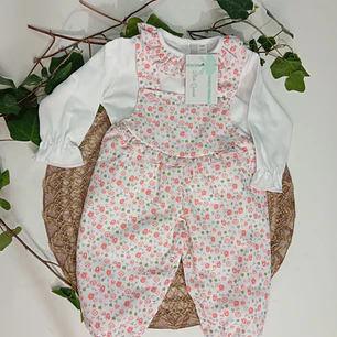 Conjunto menina Jardineira e Camisola, folho às flores
