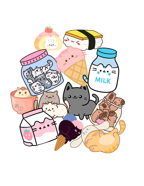 Stickers Calcos Cute Gatos Comida N1 X25 Compu Celu Interiores