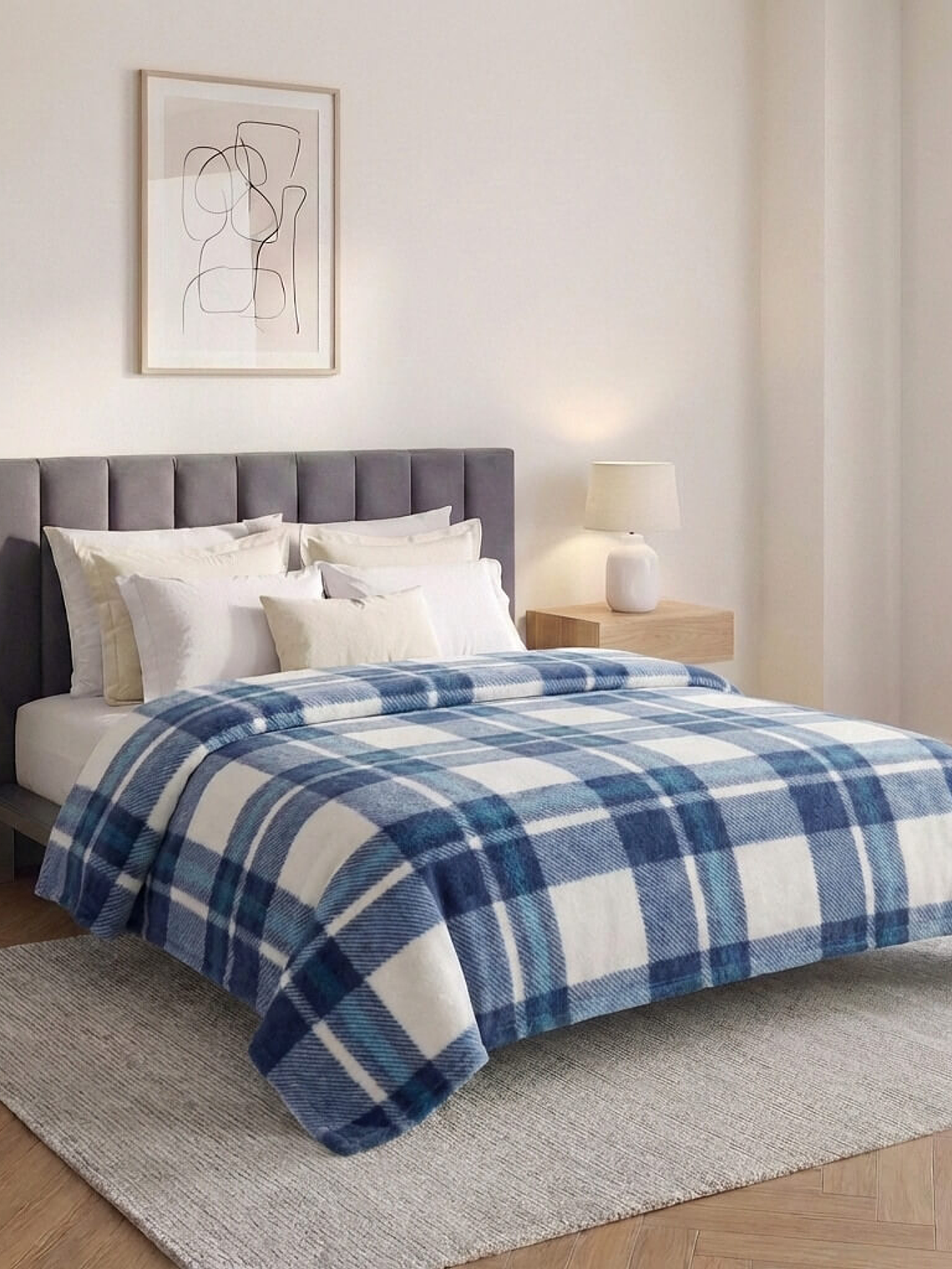 Cobija Estampada Dani Azul Blanco Cuadros Flannel Térmica 1