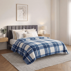 Cobija Estampada Dani Azul Blanco Cuadros Flannel Térmica Fenore — Cobijas y Mantas Colombia