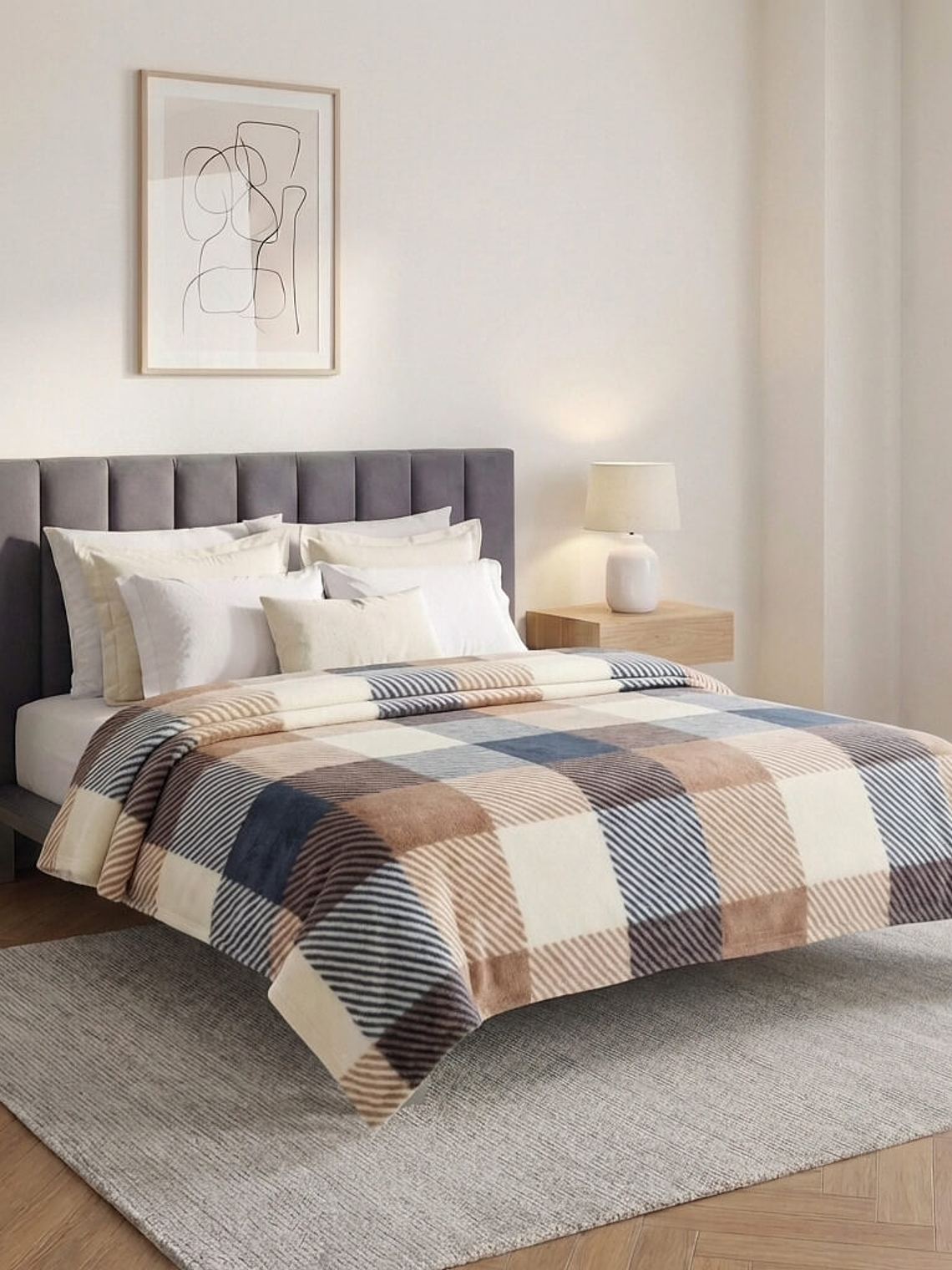 Cobija Estampada Dani Beige Cuadros Flannel Térmica 1