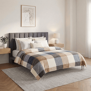 Cobija Estampada Dani Beige Cuadros Flannel Térmica Fenore — Cobijas y Mantas Colombia