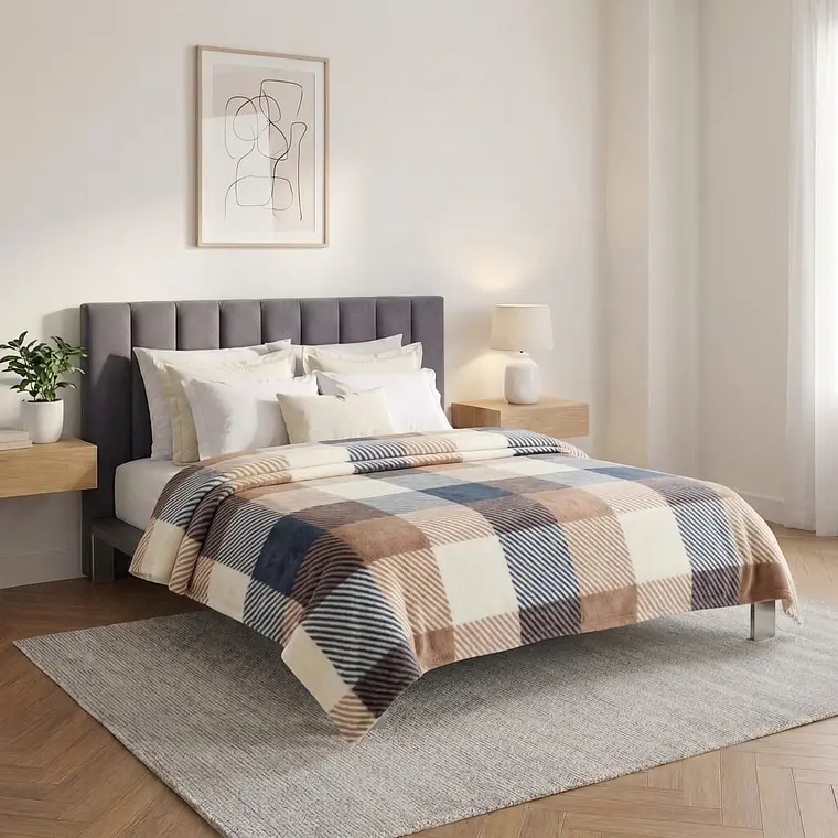 Cobija Estampada Dani Beige Cuadros Polar Térmica 1