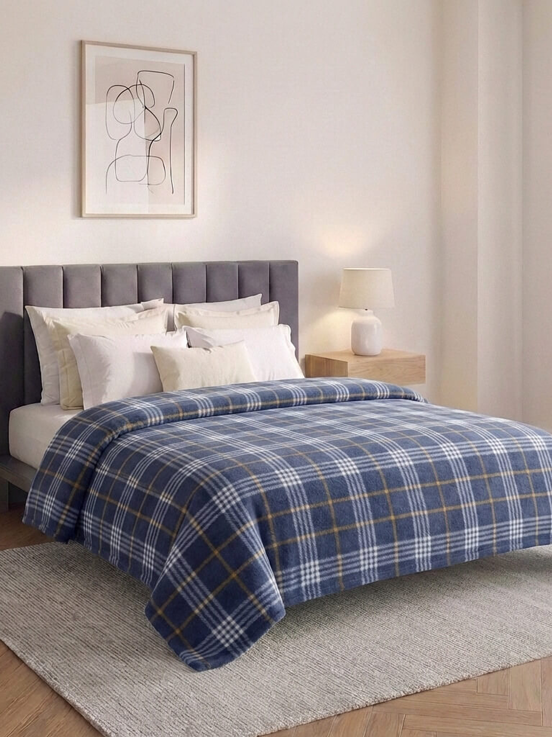 Cobija Estampada Dani Azul Marino Cuadros Flannel Térmica 1