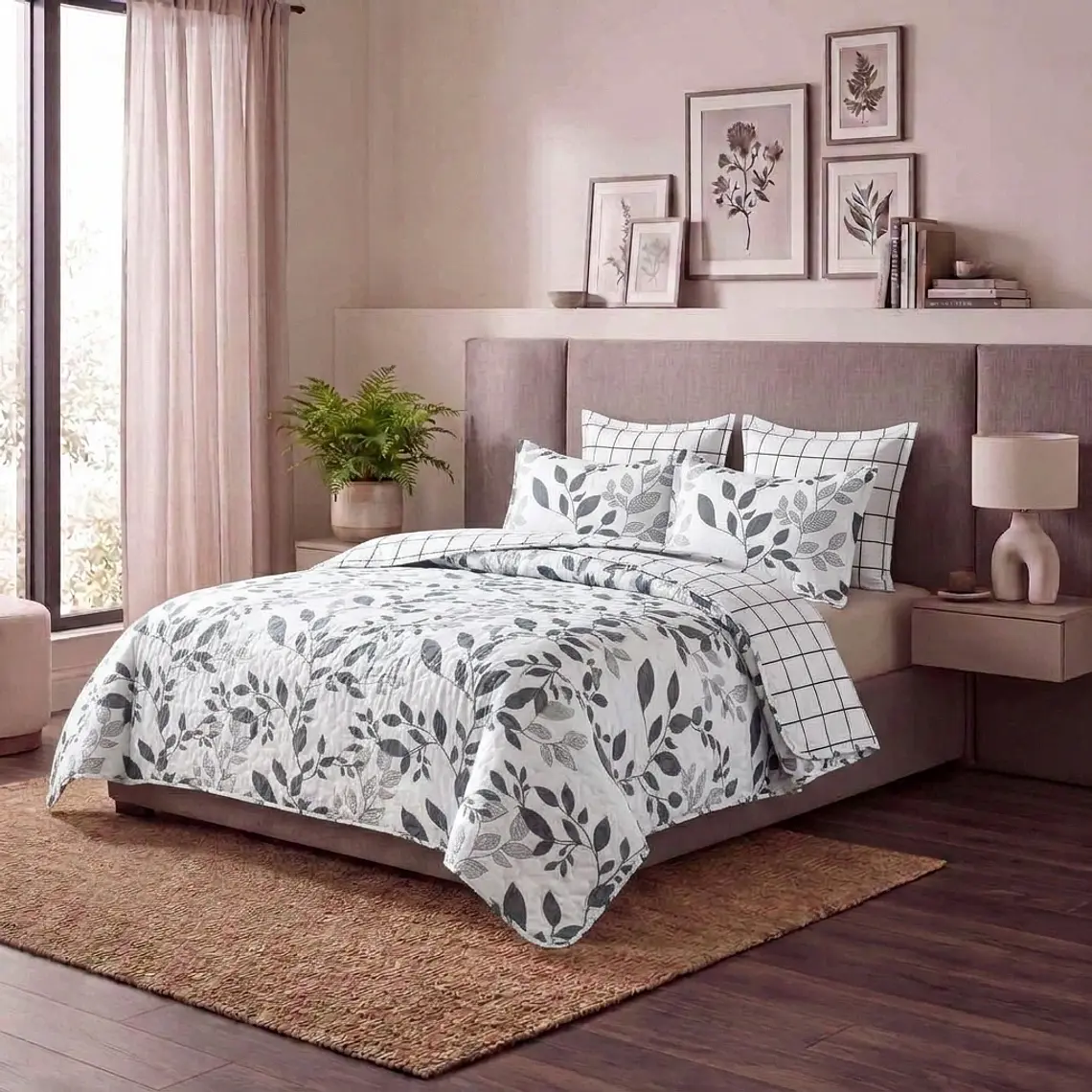 Cubrecama Quilt Estampado hojas y cuadros 1