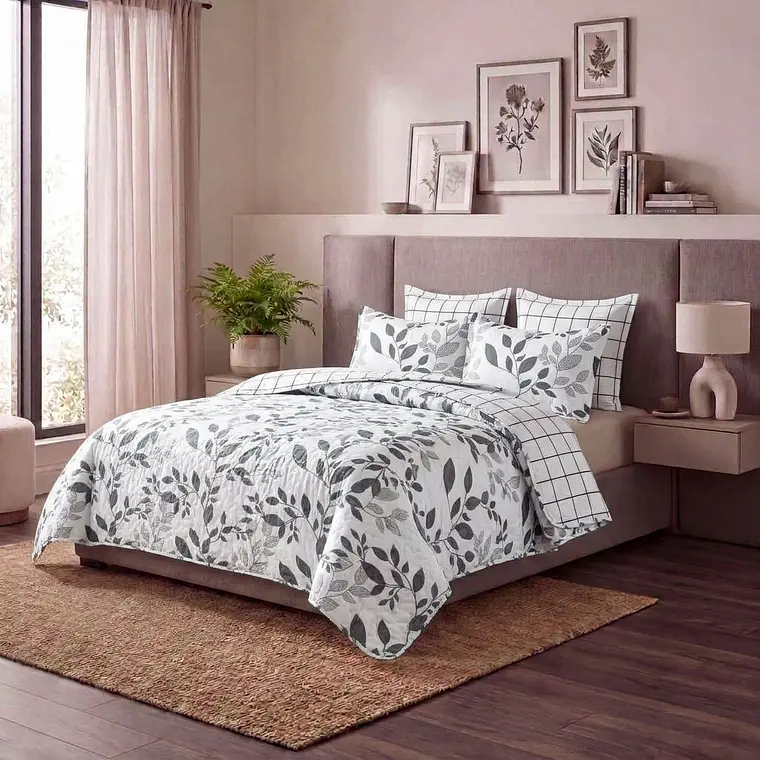 Cubrecama Quilt Estampado hojas y cuadros 1