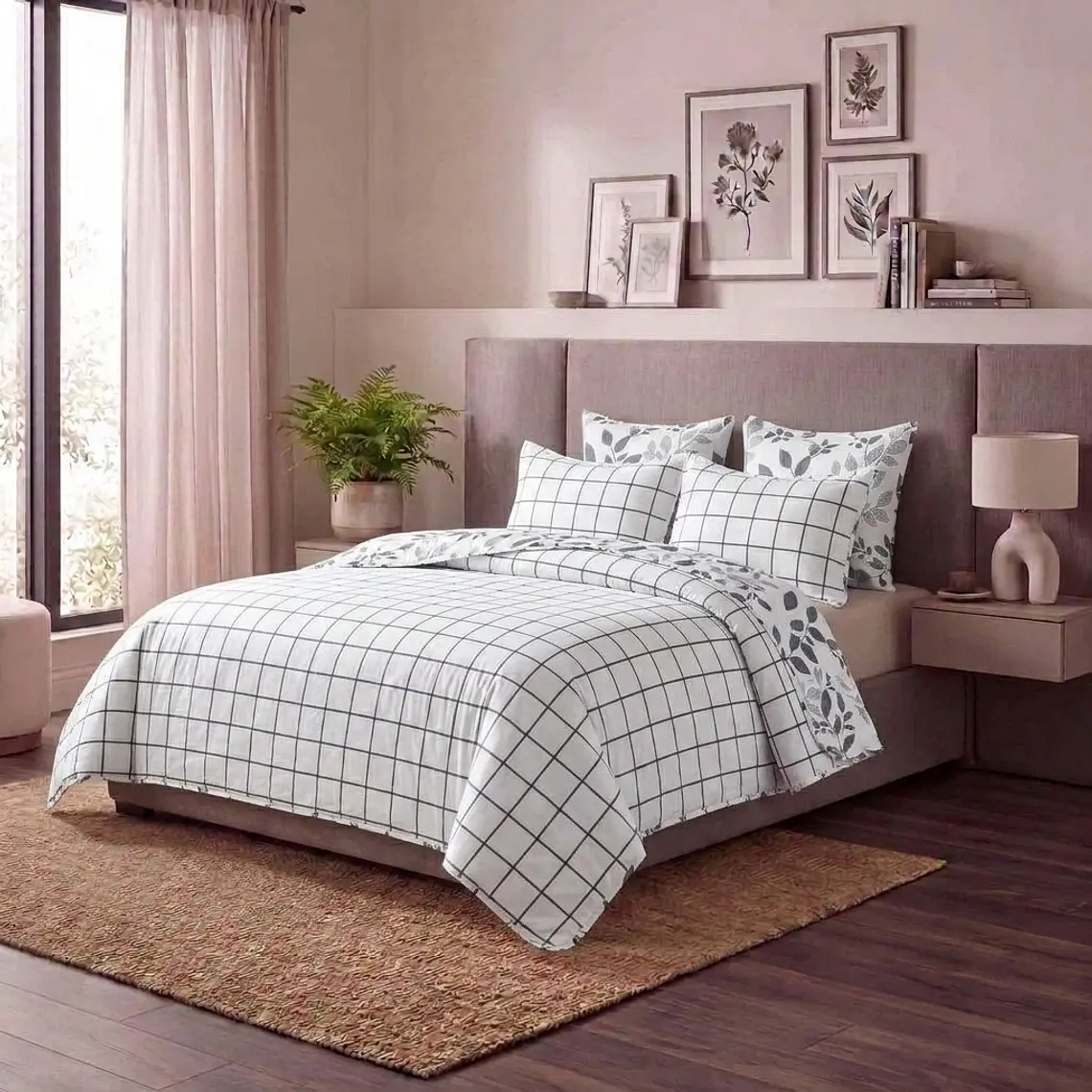 Cubrecama Quilt Estampado hojas y cuadros 2