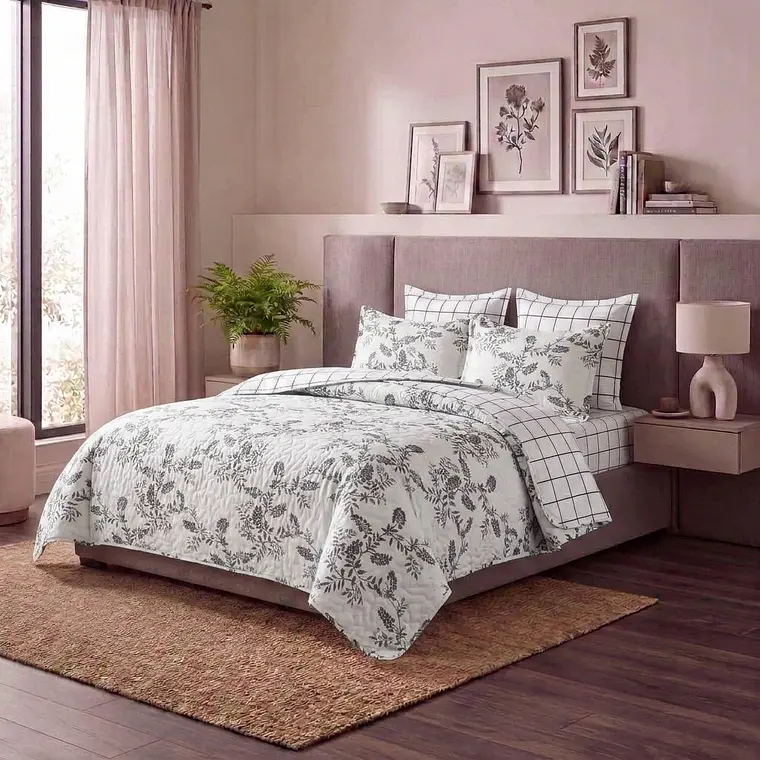 Cubrecama Quilt Estampado hojas delgadas y cuadros 1