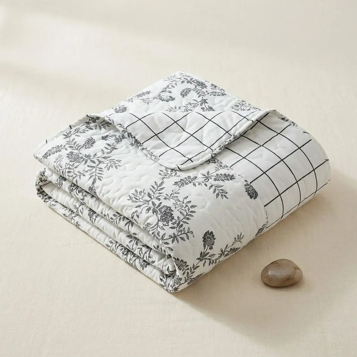Cubrecama Quilt Estampado hojas delgadas y cuadros 3