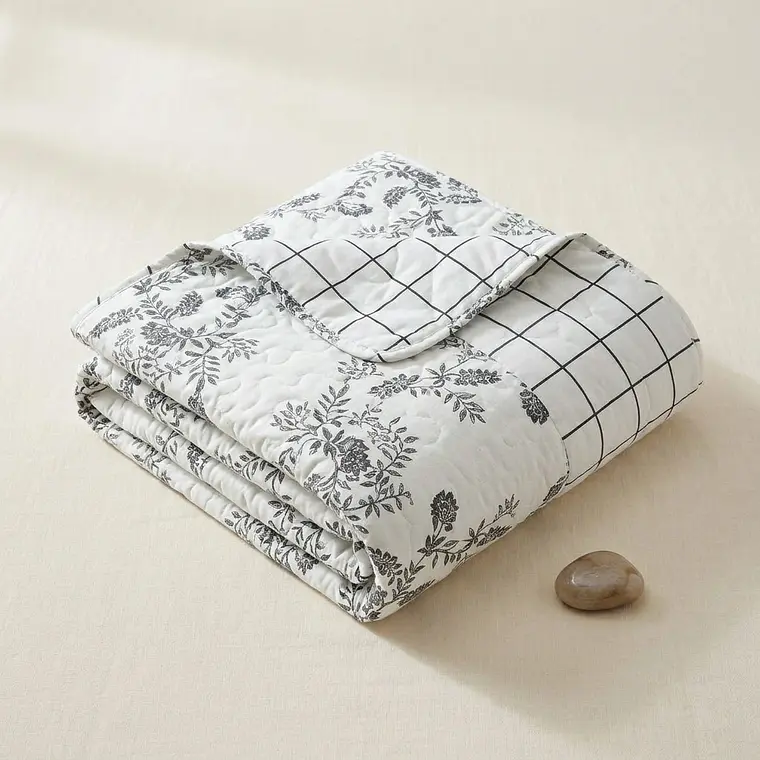 Cubrecama Quilt Estampado hojas delgadas y cuadros 3
