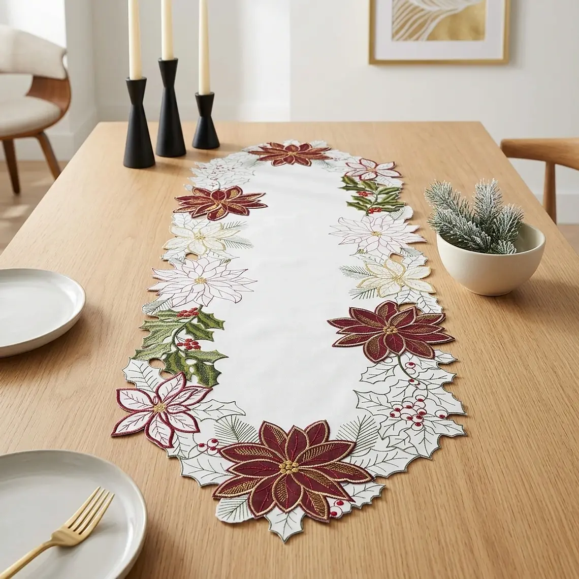 Camino de Mesa Navideño Bordado - Flor de Pascua 2