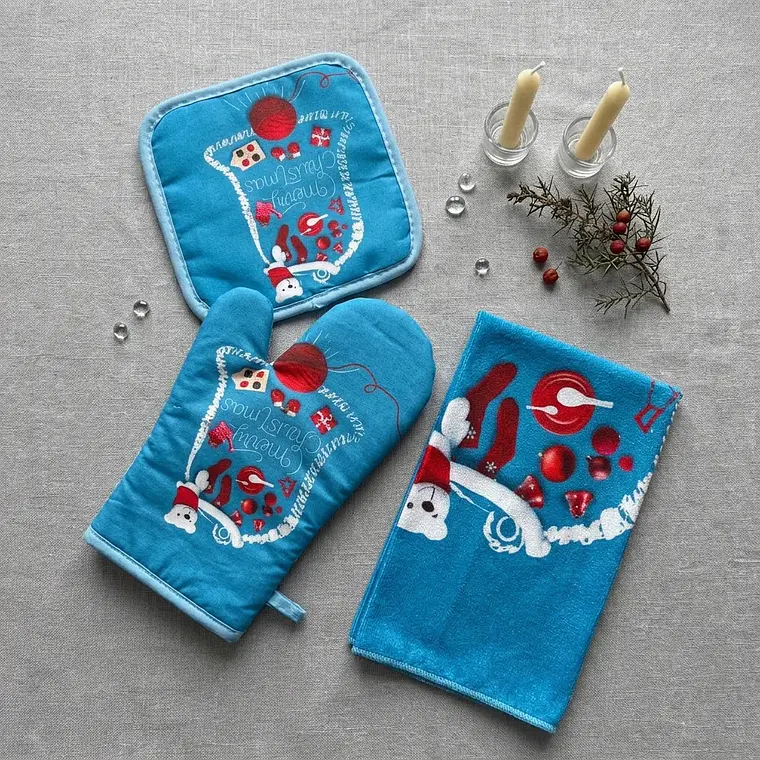 Set de Cocina Navideño - Muñeco de Nieve Azul Turquesa (3 piezas) 4