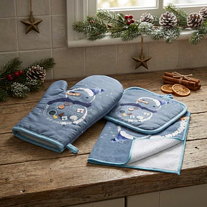 Set de Cocina Navideño - Muñeco de Nieve Azul Denim (3 piezas) Fenore — Navidad Colombia