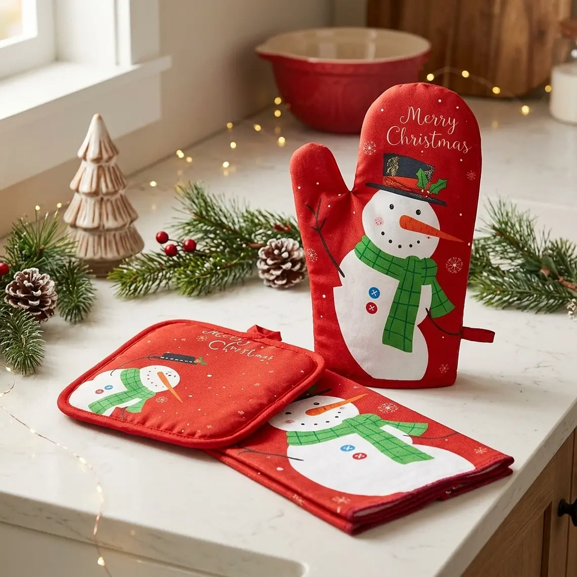 Set de Cocina Navideño - Muñeco de Nieve Rojo Estampado (3 piezas) 1