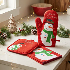 Set de Cocina Navideño - Muñeco de Nieve Rojo Estampado (3 piezas) Fenore — Navidad Colombia