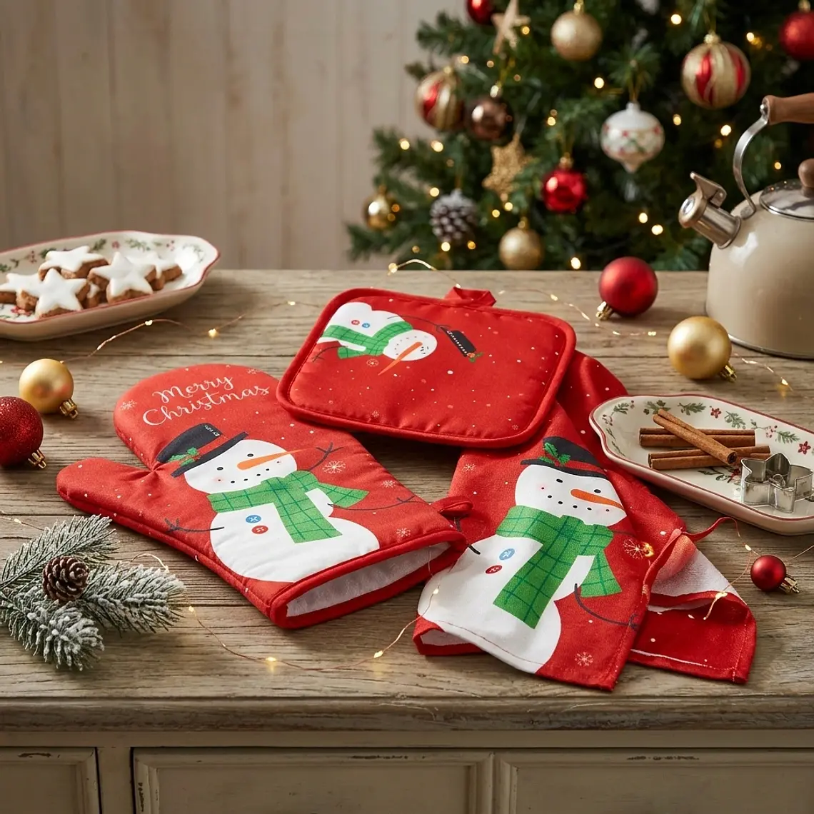 Set de Cocina Navideño - Muñeco de Nieve Rojo Estampado (3 piezas) 3
