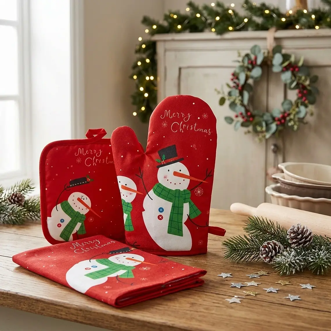 Set de Cocina Navideño - Muñeco de Nieve Rojo Estampado (3 piezas) 2