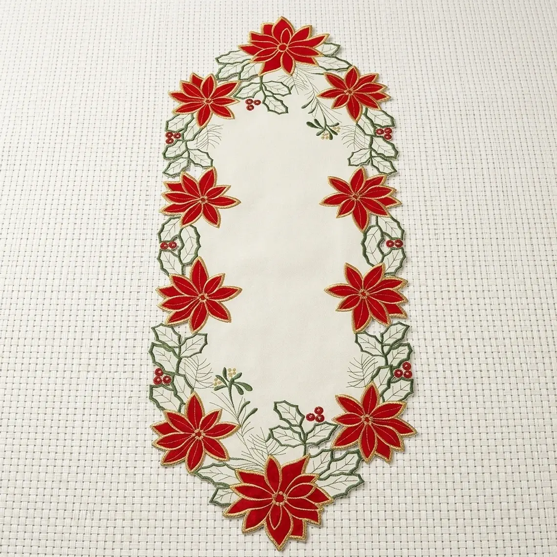 Camino Ponsetia de Mesa Navideño Bordado - Beige y Rojo 1