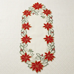 Camino Ponsetia de Mesa Navideño Bordado - Beige y Rojo Fenore — Navidad Colombia