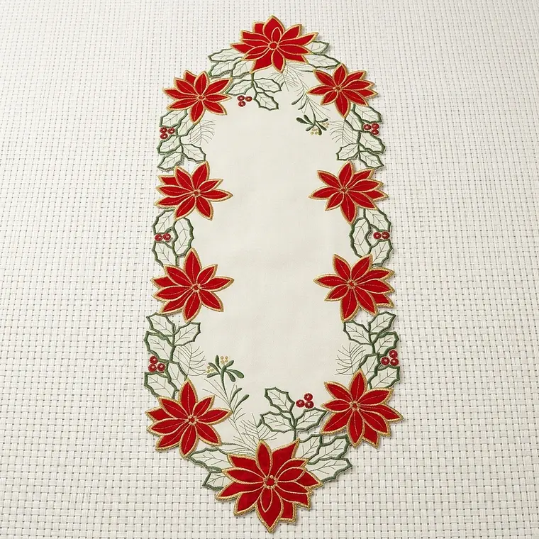 Camino Ponsetia de Mesa Navideño Bordado - Beige y Rojo 1