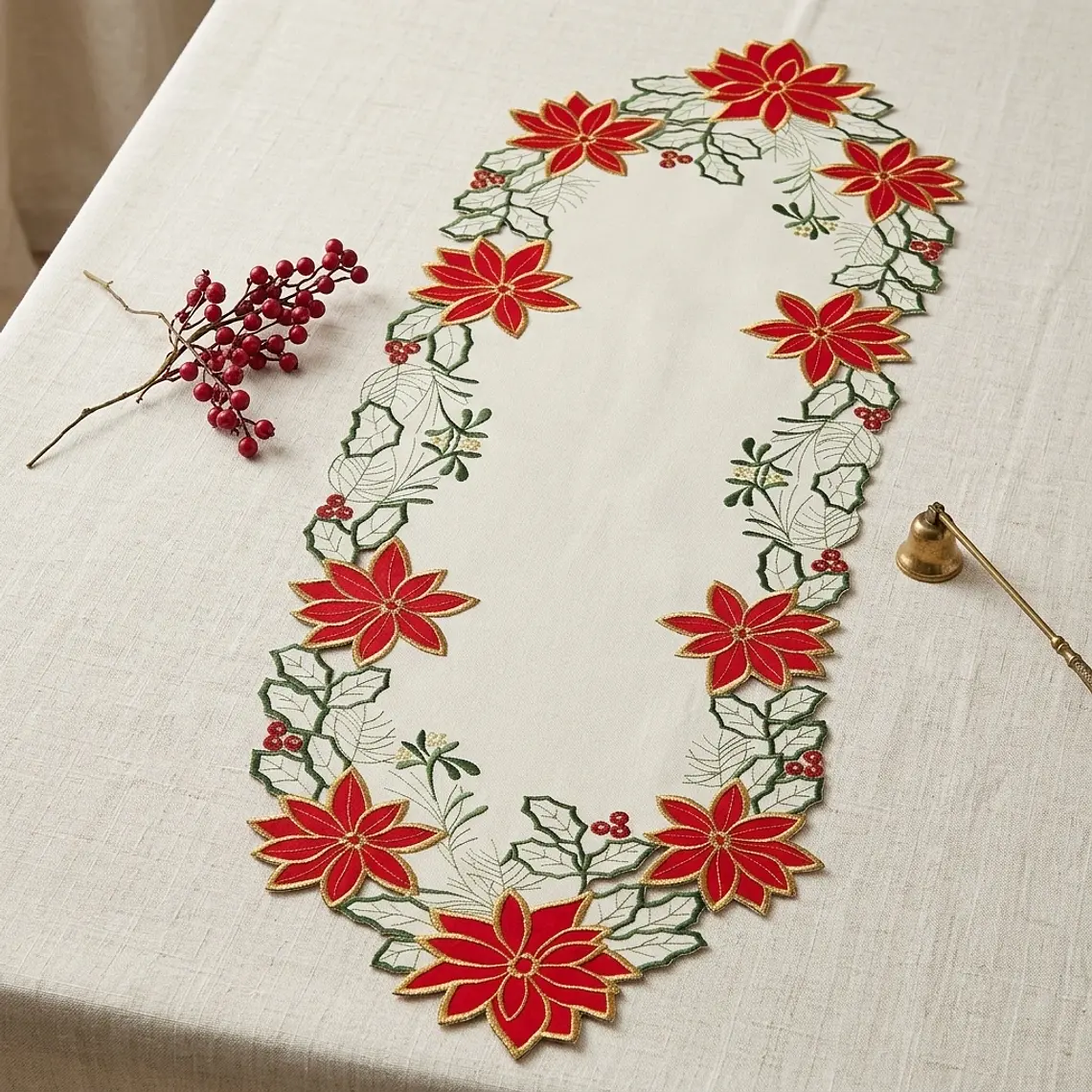 Camino Ponsetia de Mesa Navideño Bordado - Beige y Rojo 2