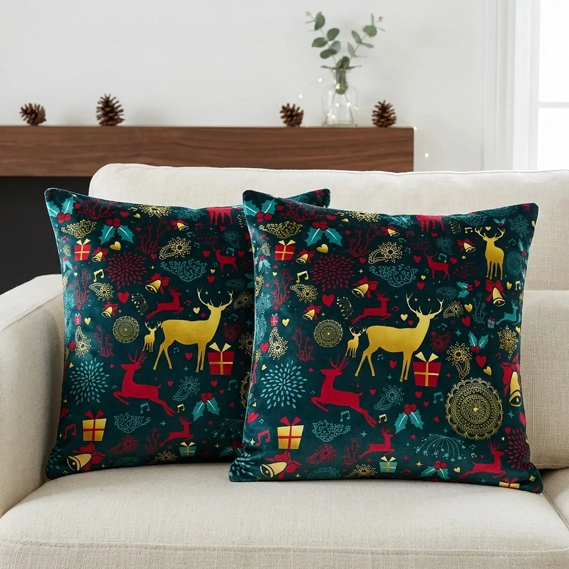 Funda de Cojín Navidad 50x50 – Bosque de Renos 1